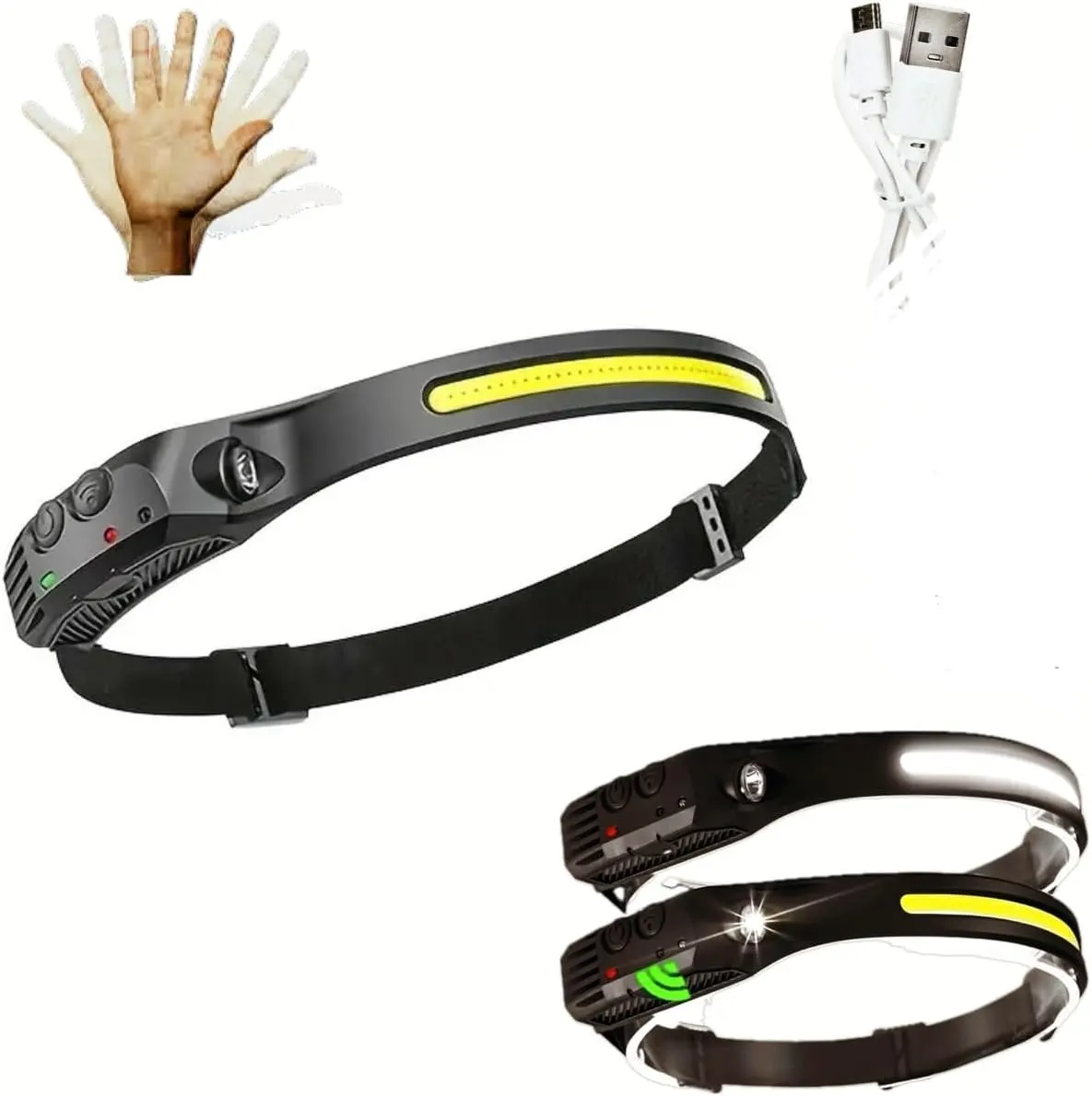 1 Headlamp Rechargeable, 270 Wide Beam, Motion Sensor, 10W, Weatherproof, 1000Lumen, 2 Light Source, for Camping, Hiking, Running, Outdoor, Outdoor Hardhat Light, Adults and Kids