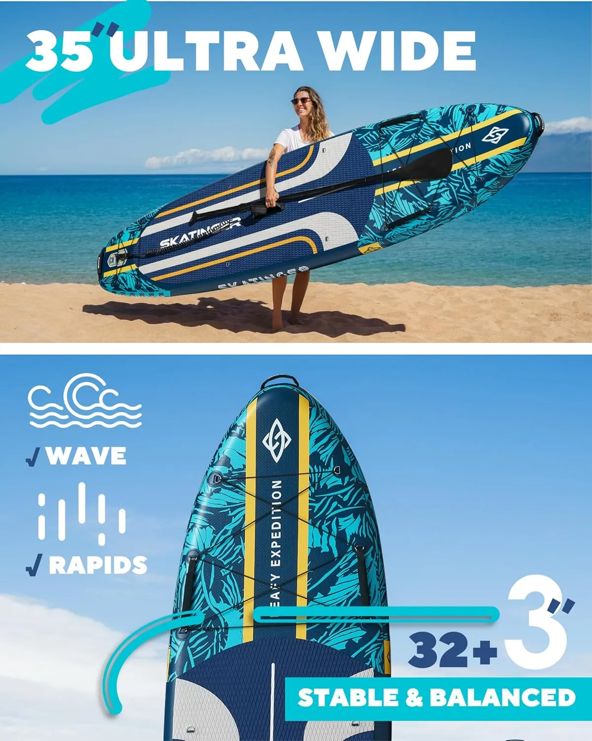 11'635" Super Wide Inflatable Paddle Board, Ultra Stable Stand Up Paddleboards for 450lb/3 People/Family/Big Size, Shoulder Strap, 5 Handles, 100L Backpack, All-Round Sup Board, US Fin