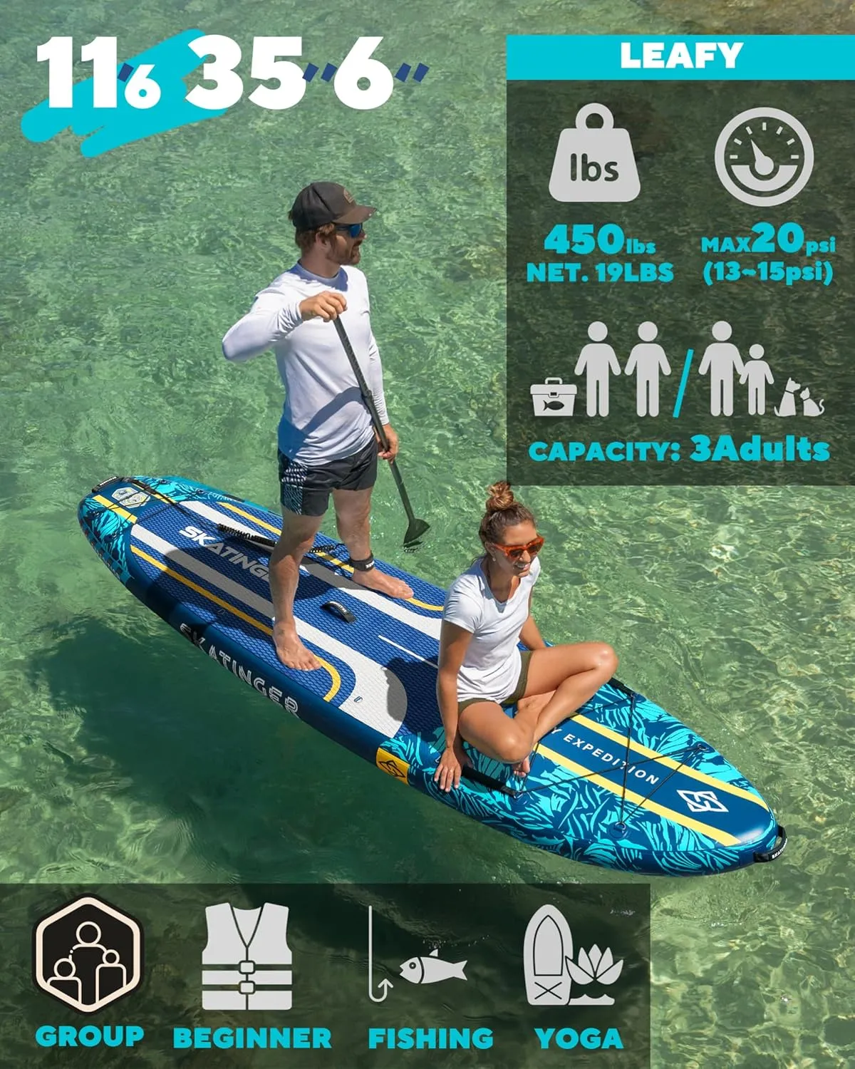 11'635" Super Wide Inflatable Paddle Board, Ultra Stable Stand Up Paddleboards for 450lb/3 People/Family/Big Size, Shoulder Strap, 5 Handles, 100L Backpack, All-Round Sup Board, US Fin