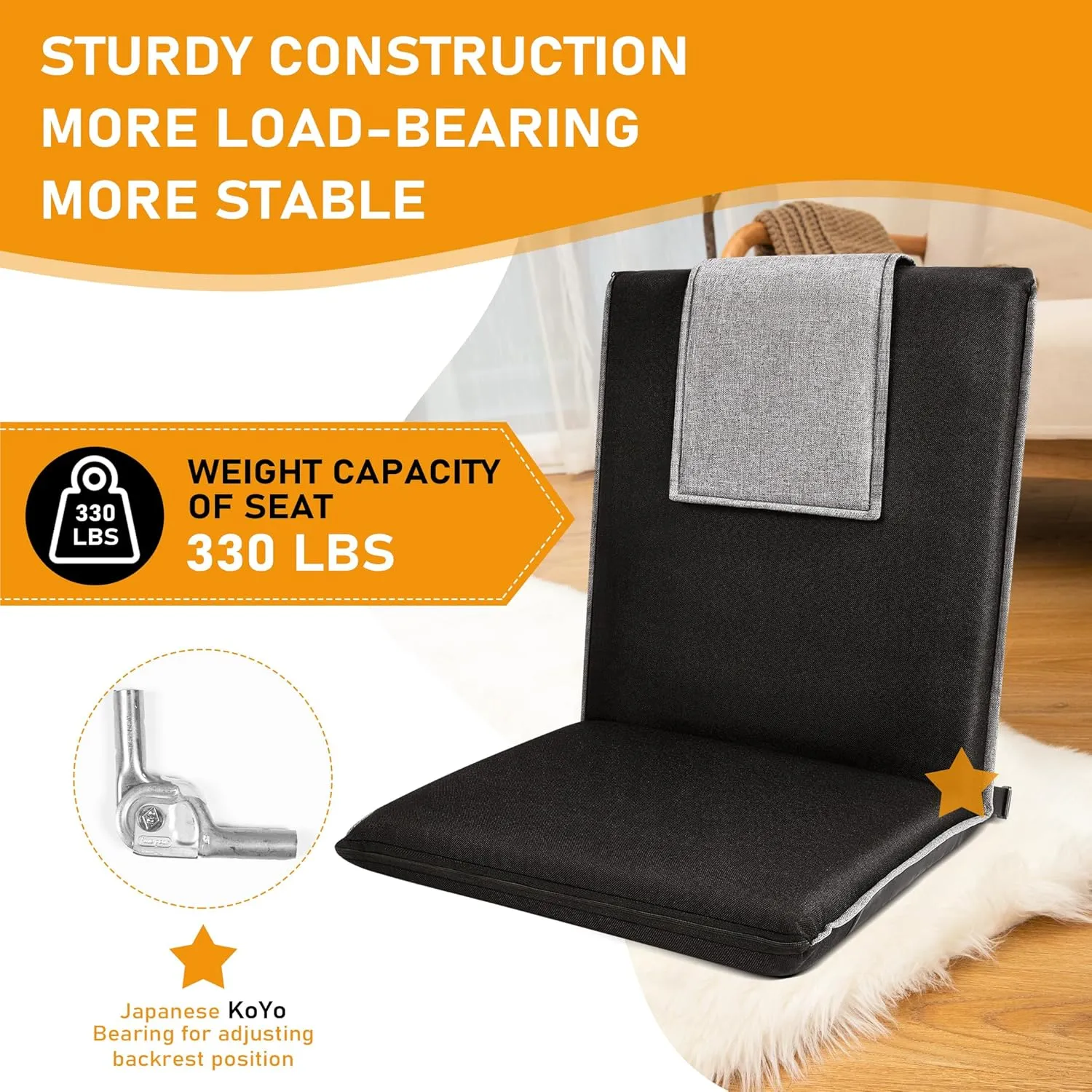 14-Position Adjustable Portable Foldable Meditation Chair with Japanese KOYO Bearings & Washable Linen Cover (Black)