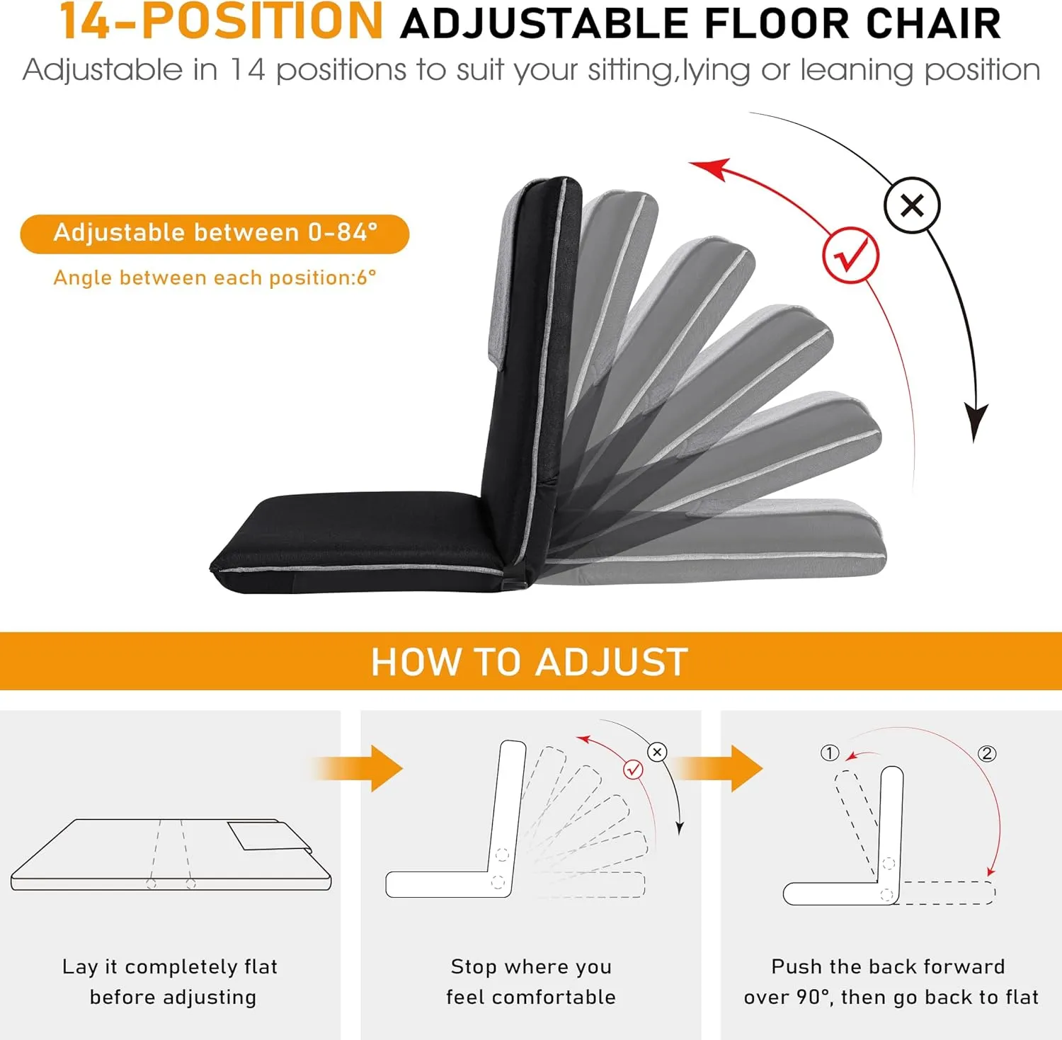 14-Position Adjustable Portable Foldable Meditation Chair with Japanese KOYO Bearings & Washable Linen Cover (Black)