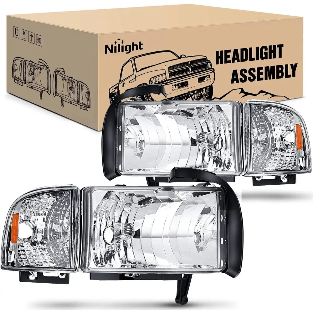 1994-2002 Dodge RAM 1500 2500 3500 Headlight Assembly Chrome Case Amber Reflector