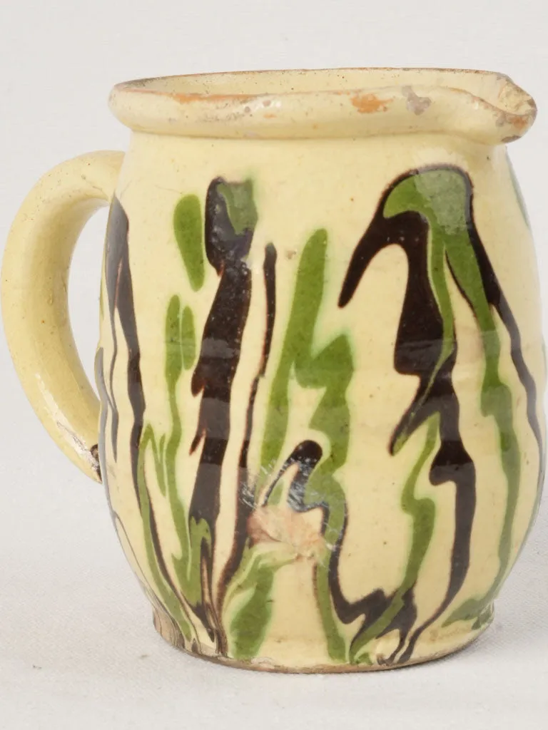 19th-Century French Jaspé Creamer - yellow green & brown 5"