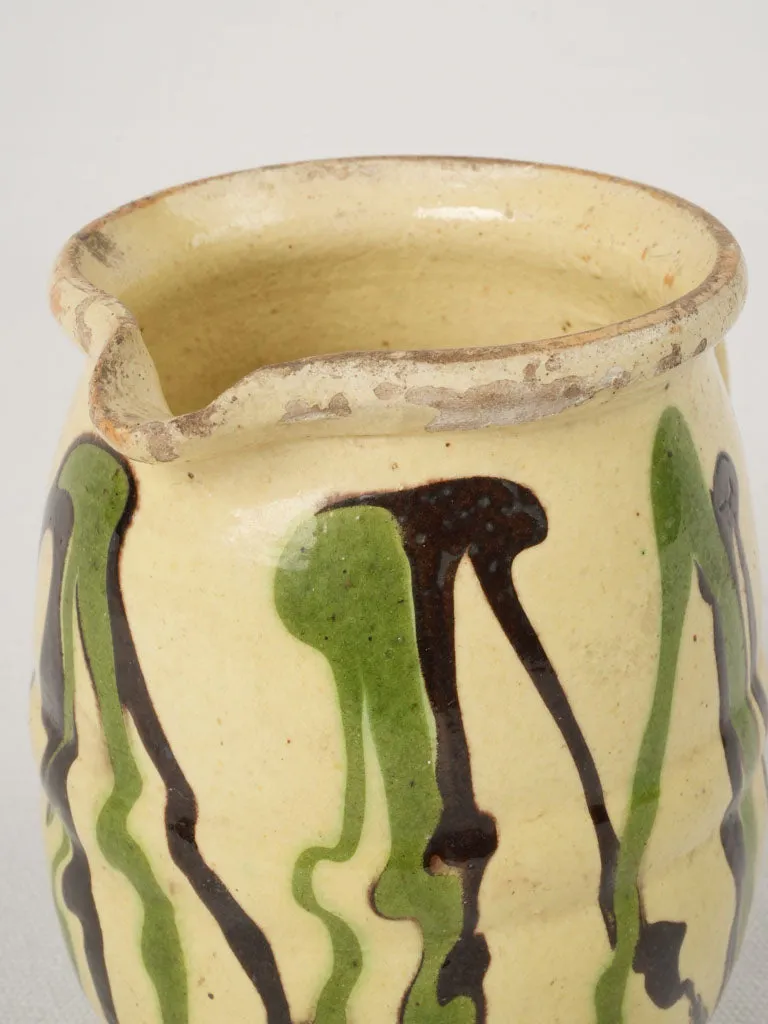 19th-Century French Jaspé Creamer - yellow green & brown 5"