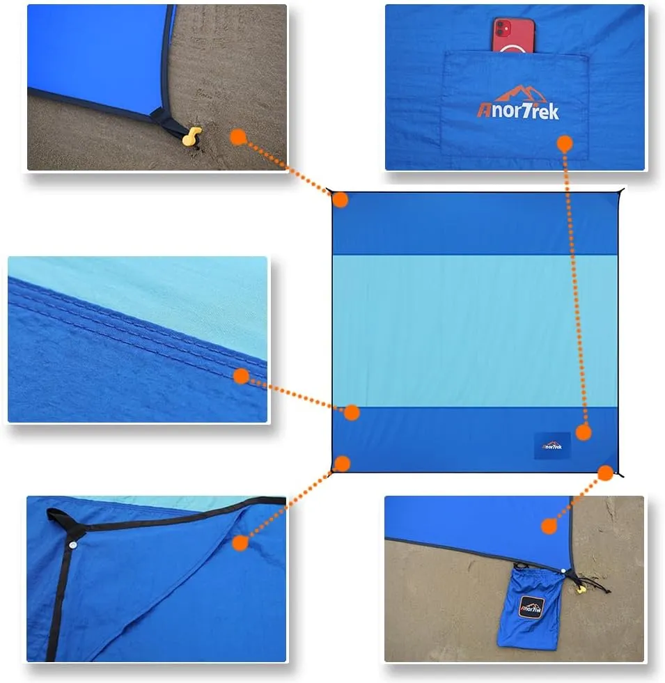 Beach Blanket Sandproof, Extra Large Beach Mat, Sand Free Mat Quick Drying, Lightweight, Soft & Durable Mat for Beach, Yard (Blue & Sky Blue, 6.6 x 6.6 FT (14 Person))