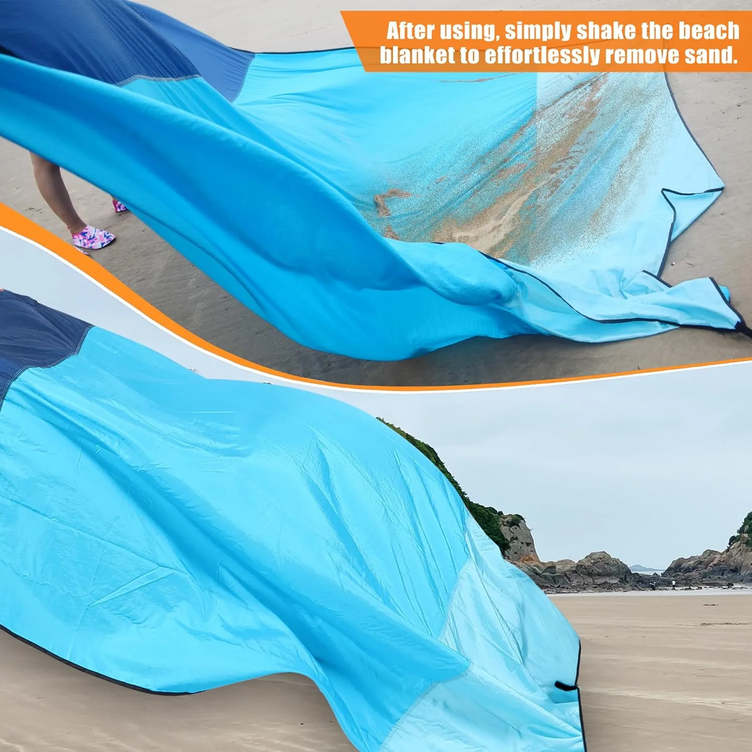 Beach Blanket Sandproof, Extra Large Beach Mat, Sand Free Mat Quick Drying, Lightweight, Soft & Durable Mat for Beach, Yard (Blue & Sky Blue, 6.6 x 6.6 FT (14 Person))
