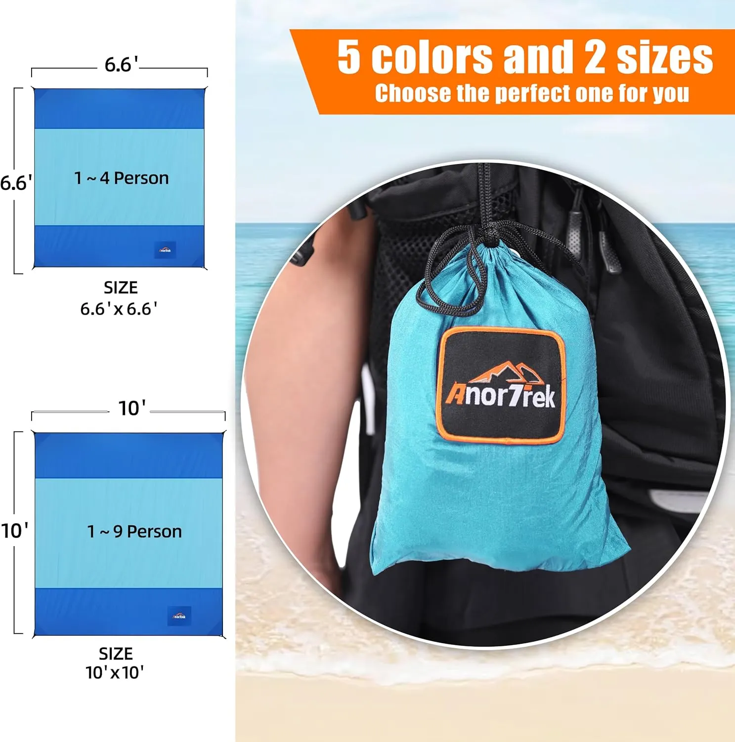 Beach Blanket Sandproof, Extra Large Beach Mat, Sand Free Mat Quick Drying, Lightweight, Soft & Durable Mat for Beach, Yard (Blue & Sky Blue, 6.6 x 6.6 FT (14 Person))