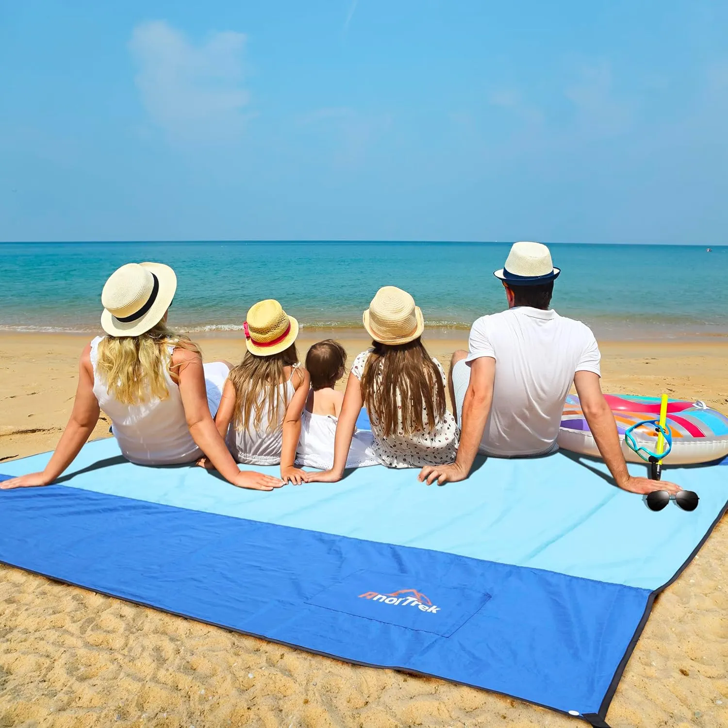 Beach Blanket Sandproof, Extra Large Beach Mat, Sand Free Mat Quick Drying, Lightweight, Soft & Durable Mat for Beach, Yard (Blue & Sky Blue, 6.6 x 6.6 FT (14 Person))