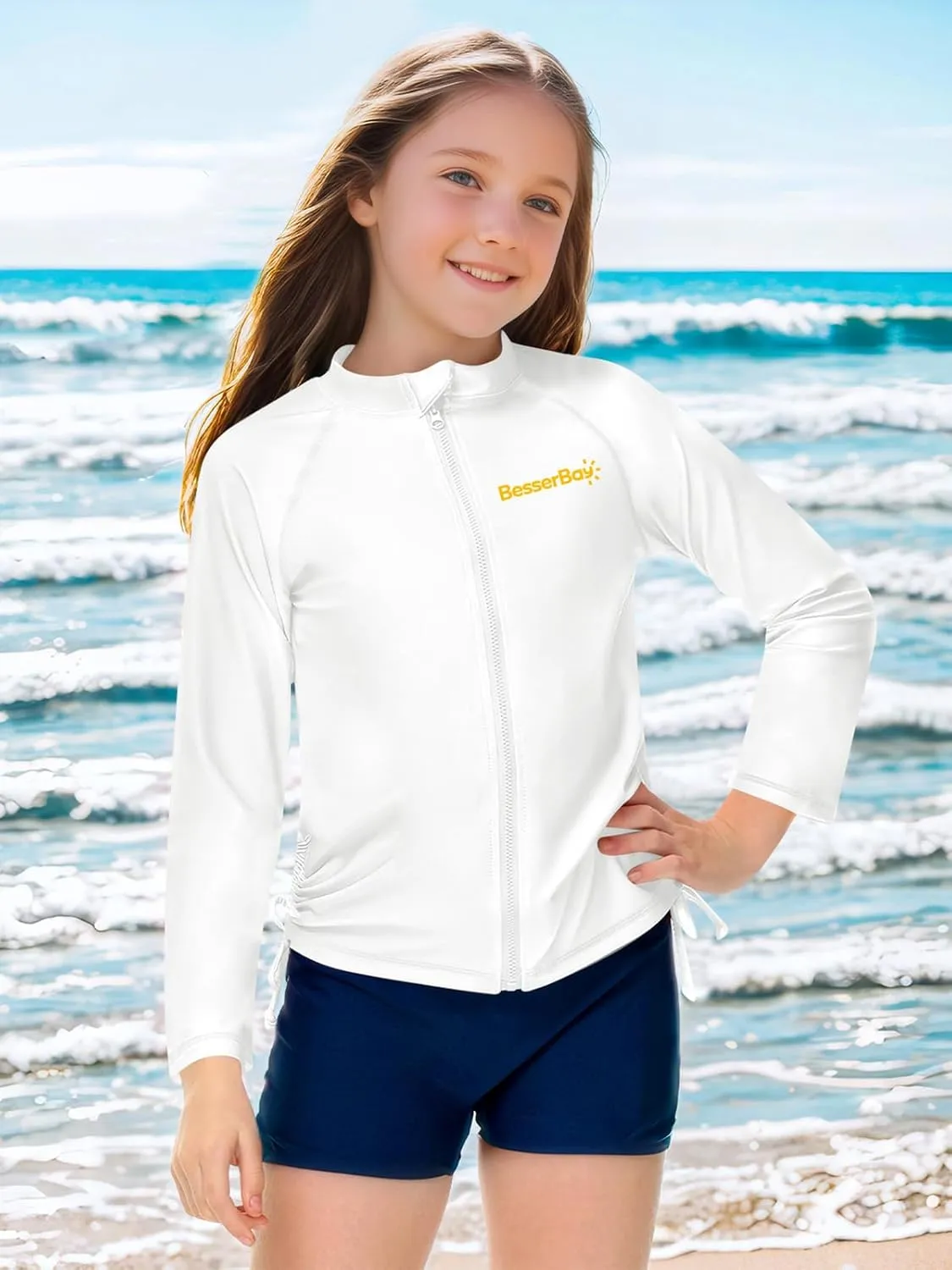 BesserBay Girls UPF 50  Zip Up Long Sleeve Ruched Side Adjustable Drawstring Thumb Holes Swim Shirt 4-14 Years
