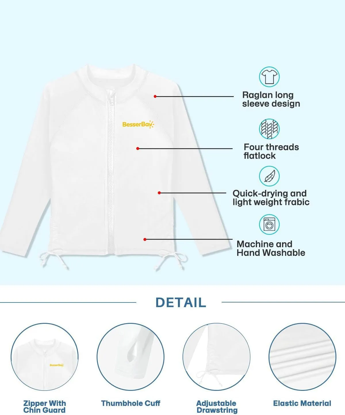BesserBay Girls UPF 50  Zip Up Long Sleeve Ruched Side Adjustable Drawstring Thumb Holes Swim Shirt 4-14 Years