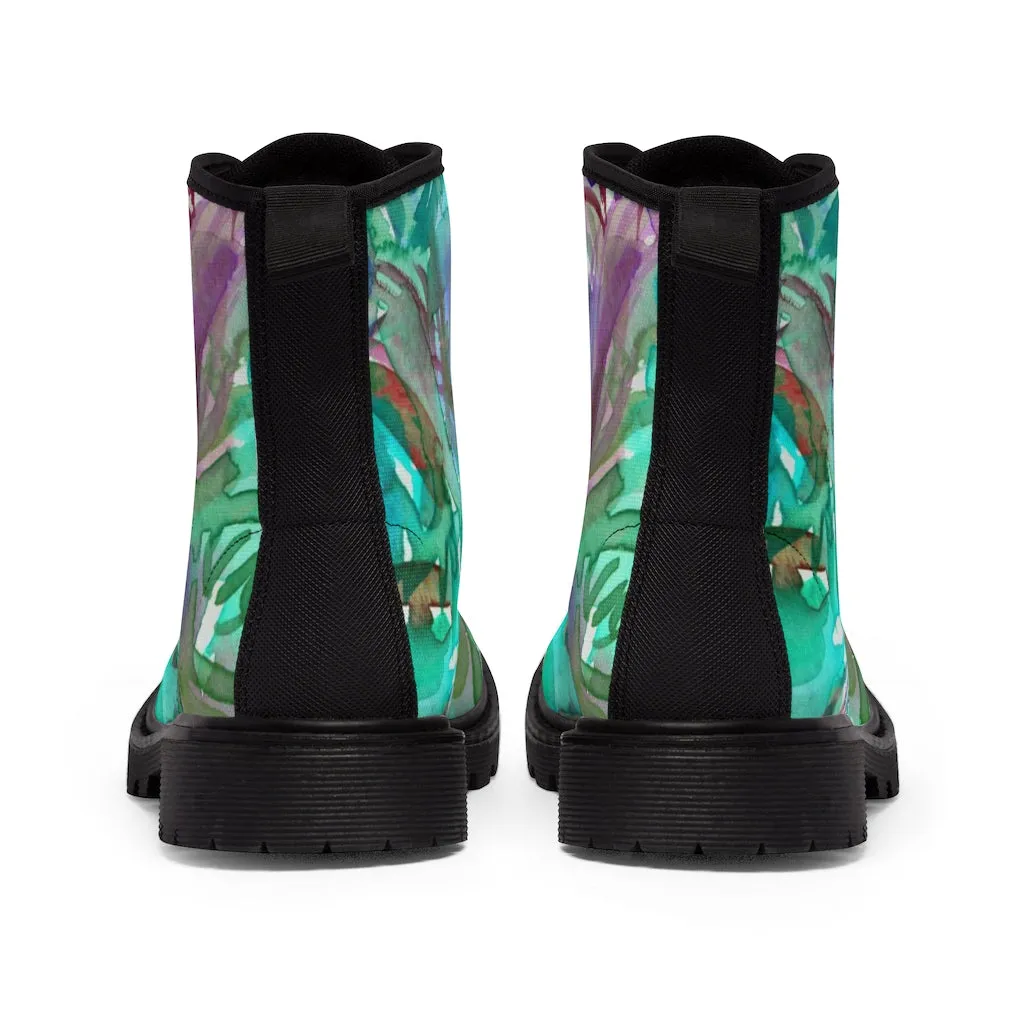 Blue Purple Floral Women's Boots, Abstract Rose Flower Vintage Style Combat Hiking Boots For Ladies