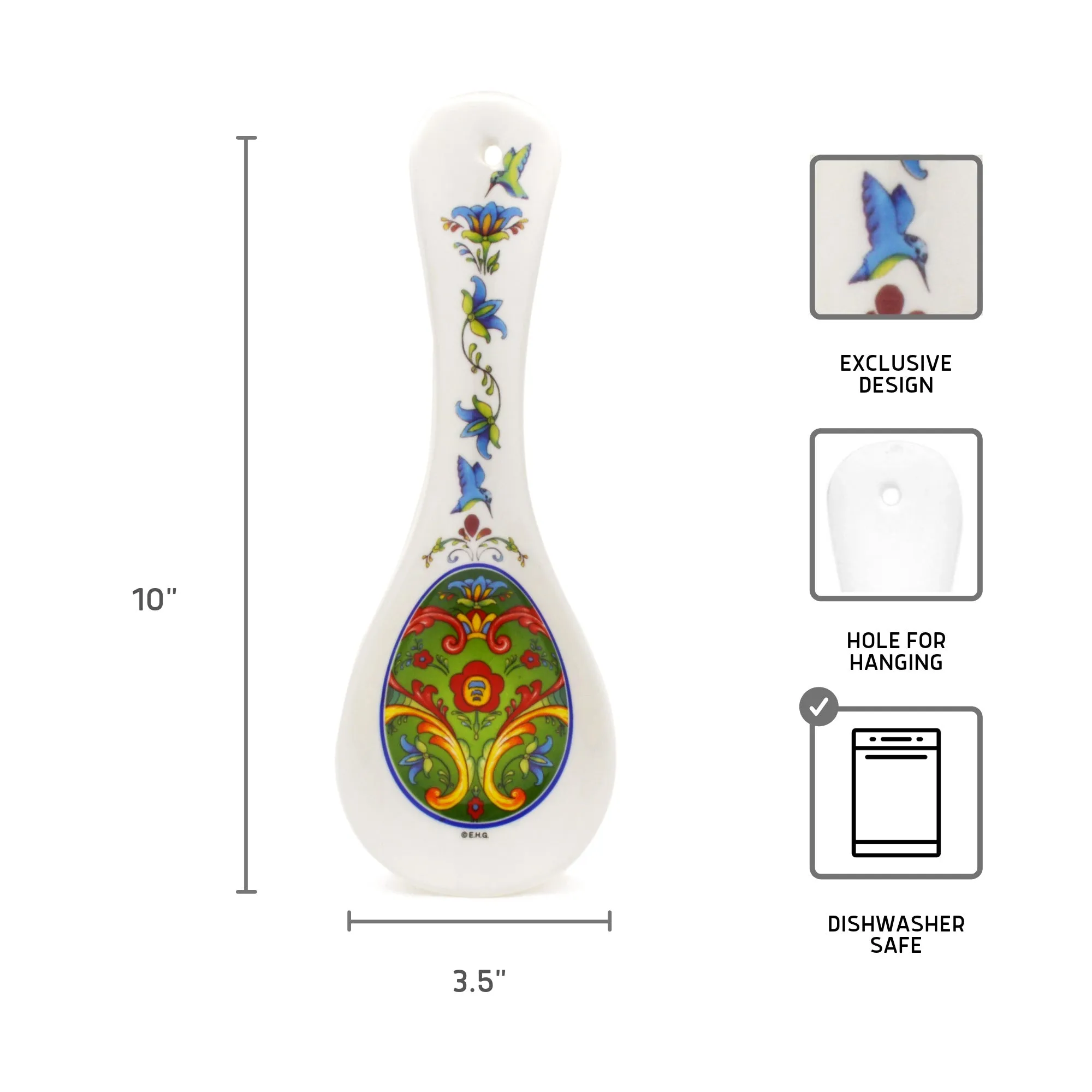 Ceramic Spoon Rest: Green Rosemaling