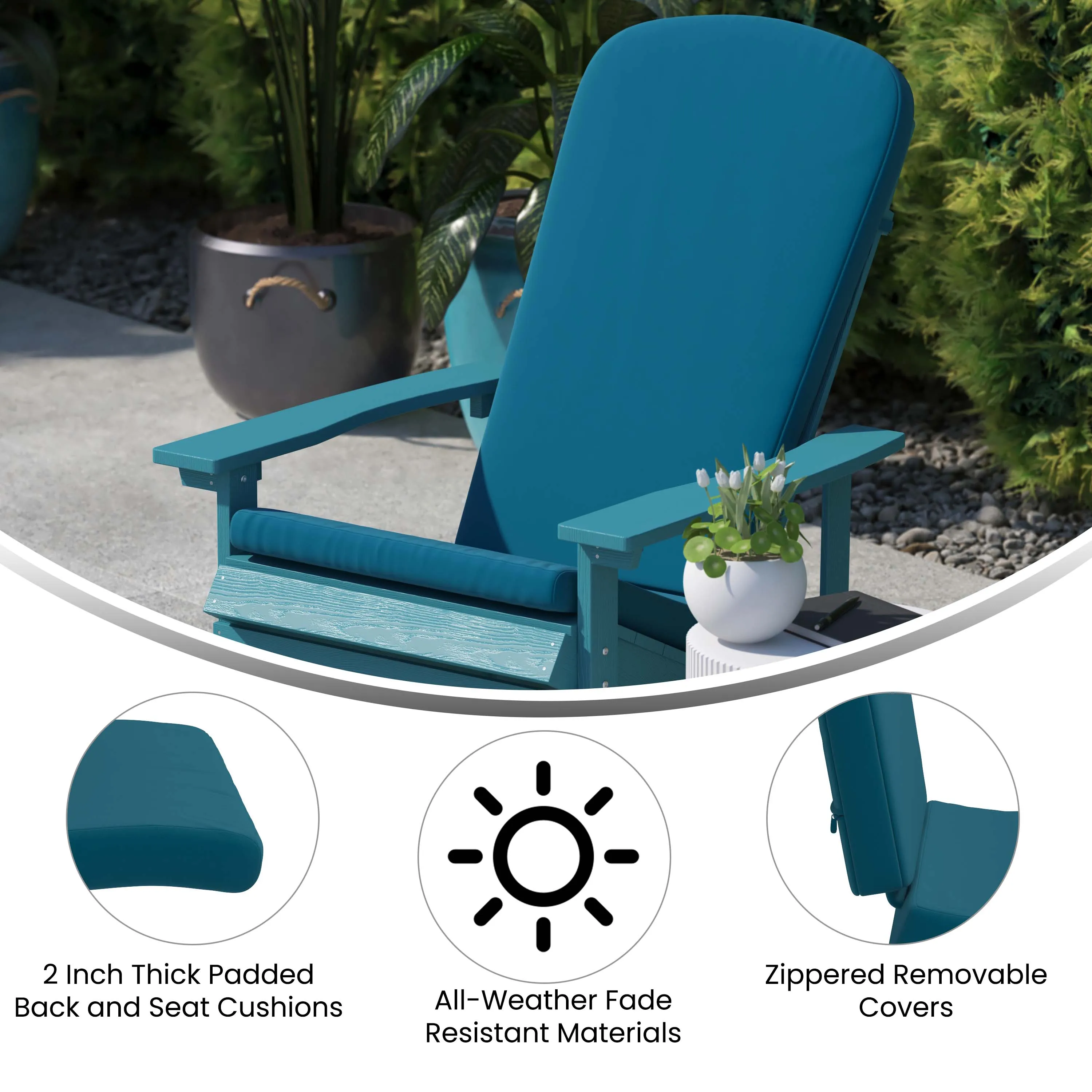Charlestown Set of 2  All-Weather Poly Resin Indoor/Outdoor Folding Adirondack Chairs with Cushions for Deck, Porch, and Patio