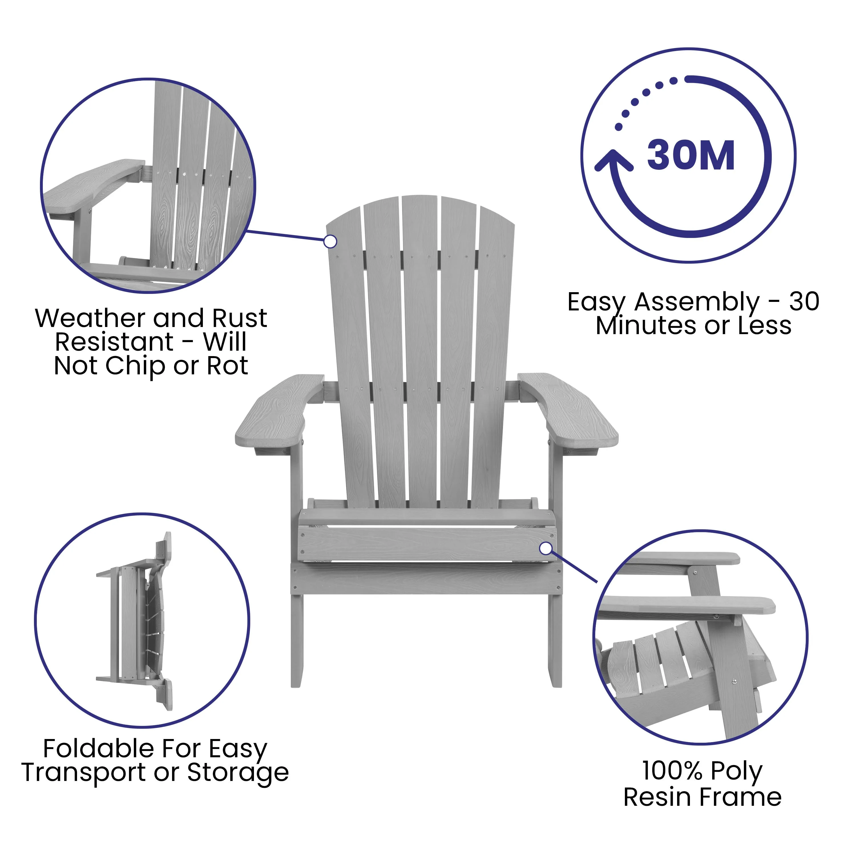 Charlestown Set of 2  All-Weather Poly Resin Indoor/Outdoor Folding Adirondack Chairs with Cushions for Deck, Porch, and Patio