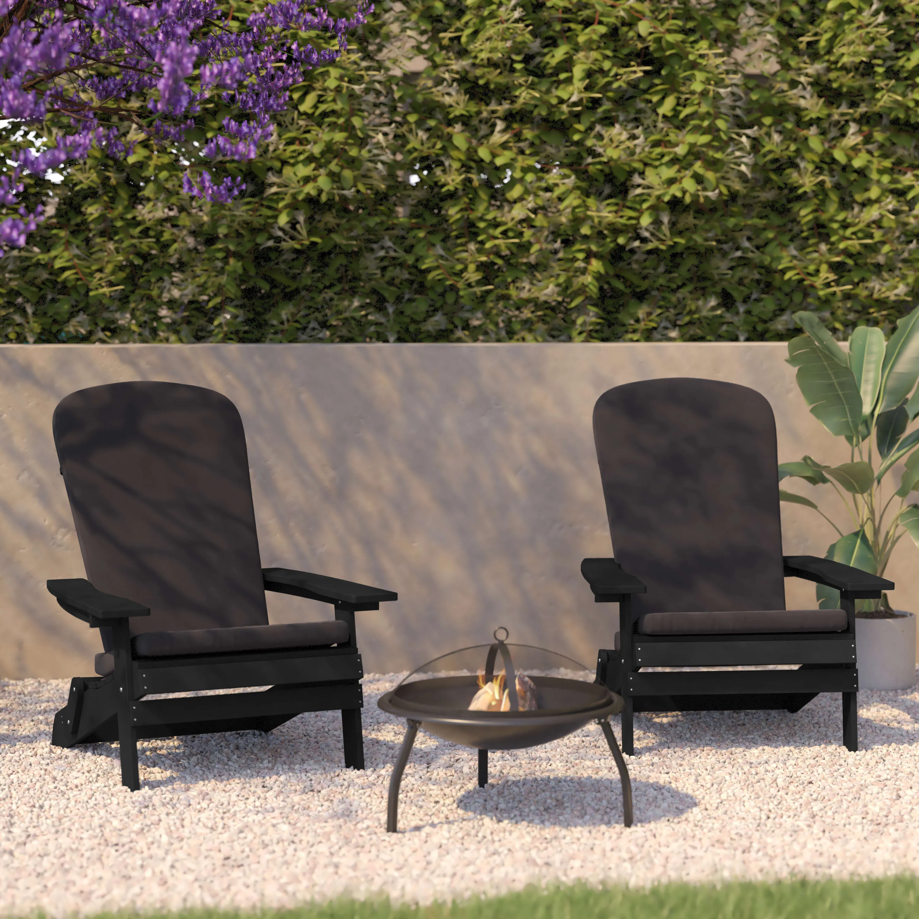 Charlestown Set of 2  All-Weather Poly Resin Indoor/Outdoor Folding Adirondack Chairs with Cushions for Deck, Porch, and Patio