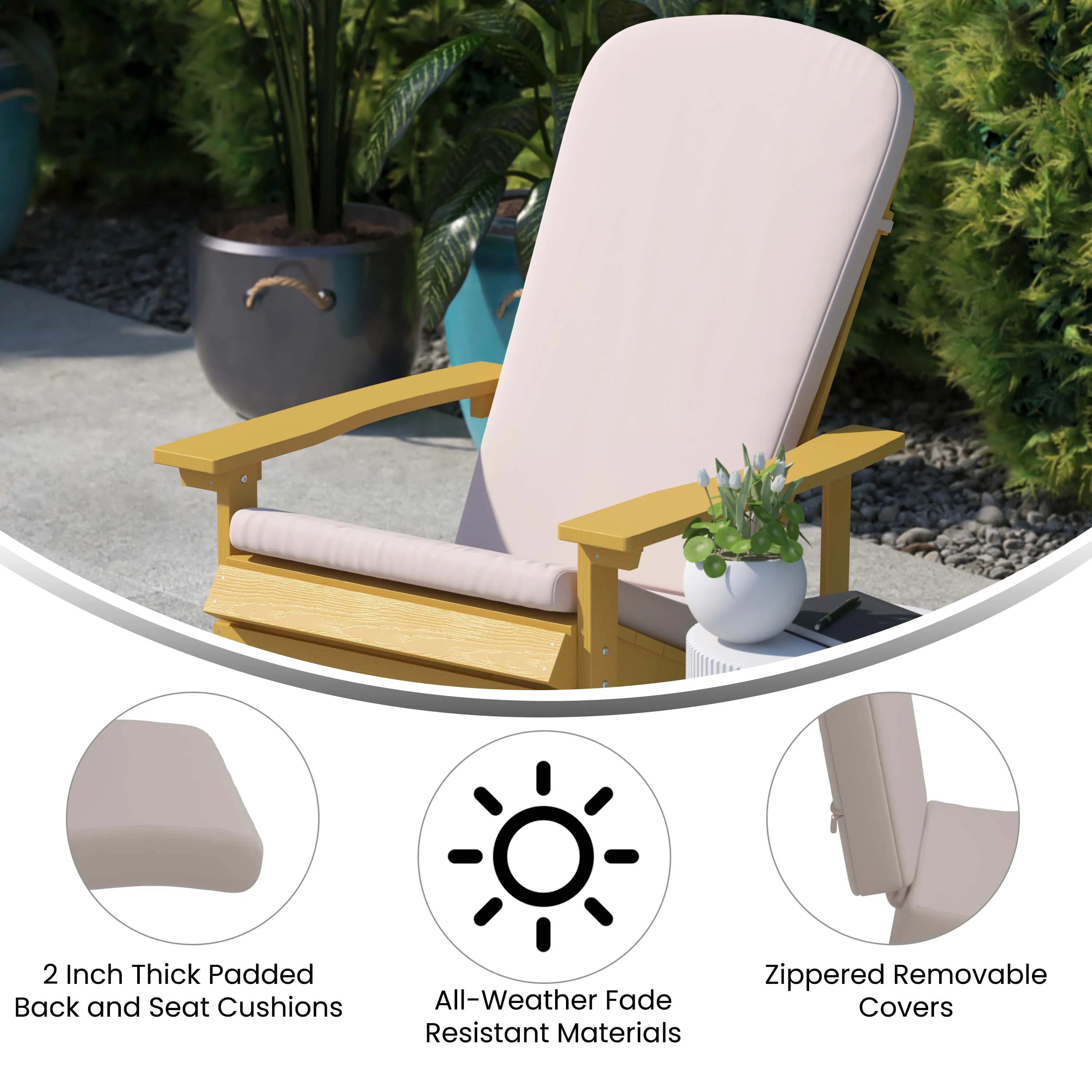 Charlestown Set of 2  All-Weather Poly Resin Indoor/Outdoor Folding Adirondack Chairs with Cushions for Deck, Porch, and Patio