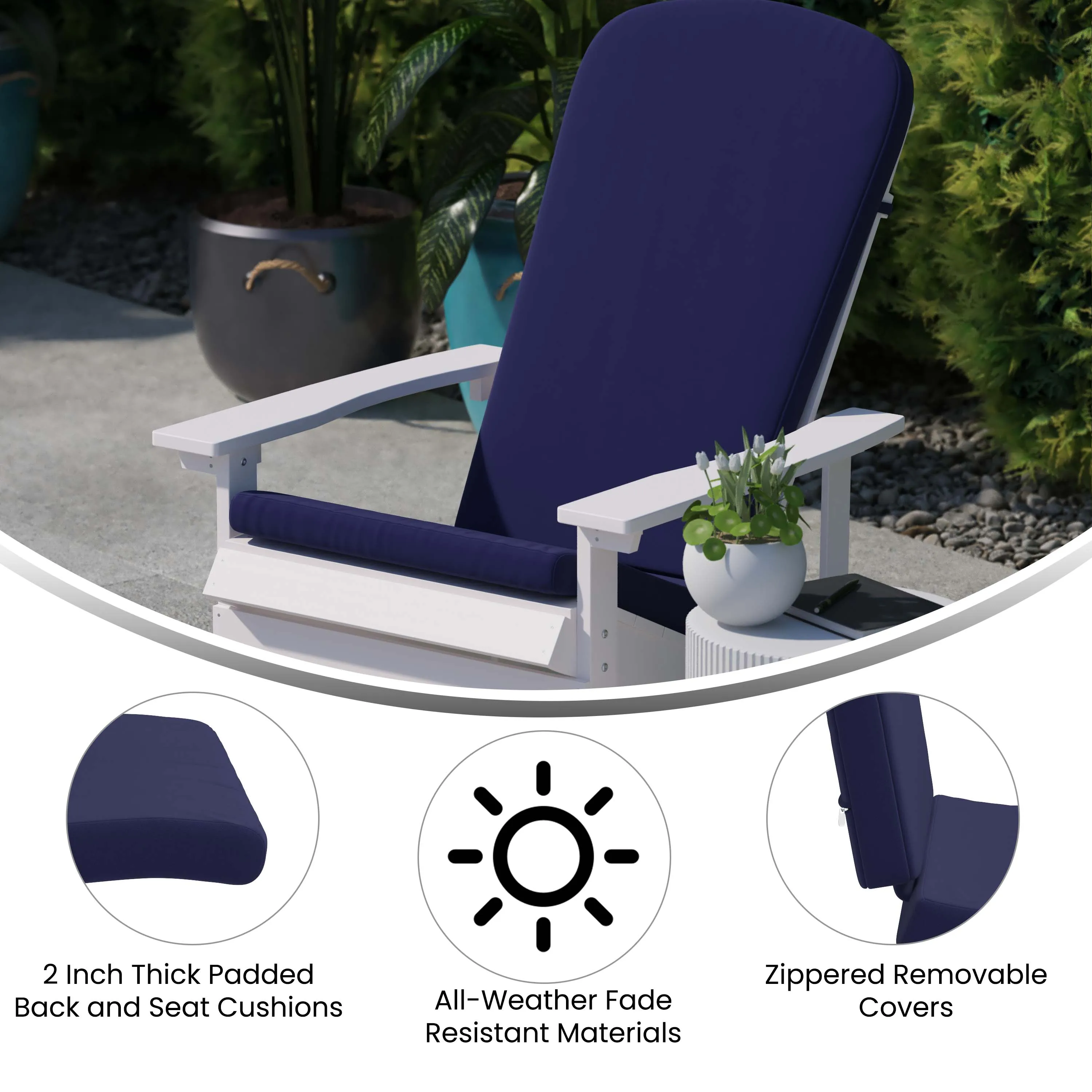 Charlestown Set of 2  All-Weather Poly Resin Indoor/Outdoor Folding Adirondack Chairs with Cushions for Deck, Porch, and Patio