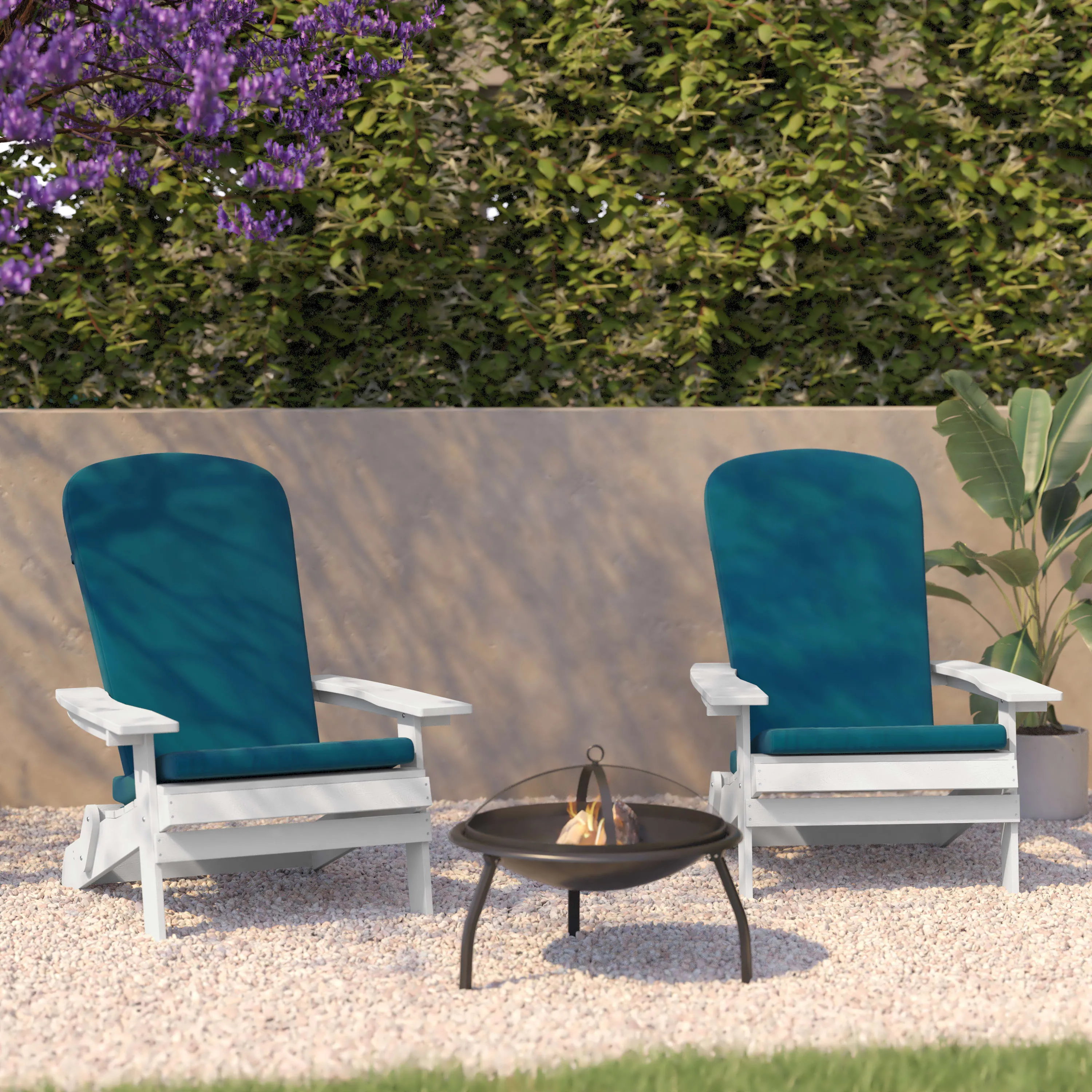 Charlestown Set of 2  All-Weather Poly Resin Indoor/Outdoor Folding Adirondack Chairs with Cushions for Deck, Porch, and Patio