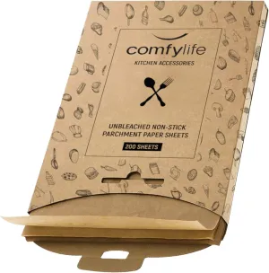 Comfylife 200 Parchment Sheets - No Curl, No Tear, No Burn Baking Paper (16 x 12 inch) Precut, Unbleached Parchment Paper for Baking & Cooking