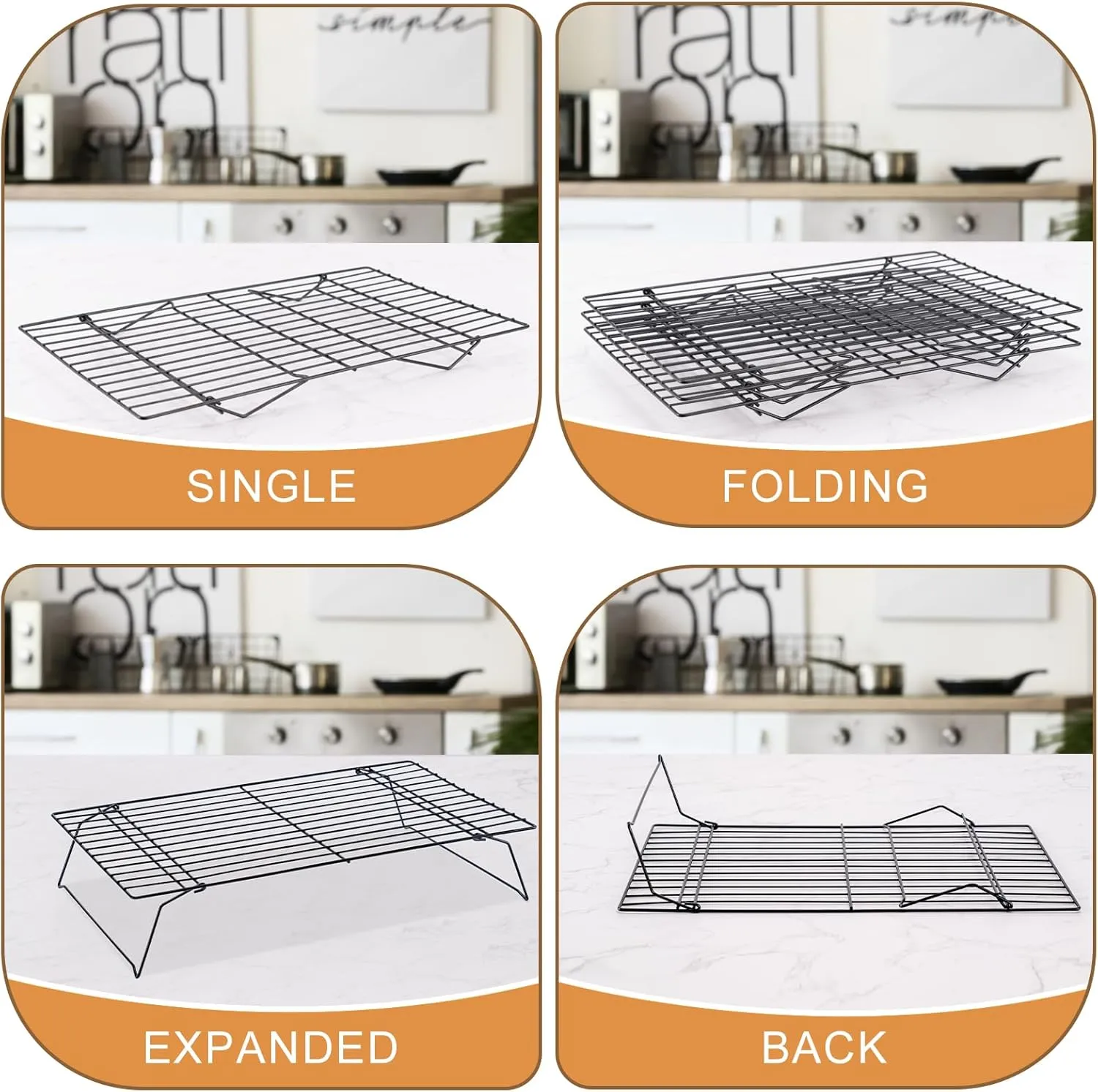 Cooling Rack for Baking 3 Tiers, 16" x 10" Cookie Cooling Wire Rack Stackable Collapsible Nonstick, Stainless Steel Baking Cooking Cooling Racks with Optimum Air Flow, Black