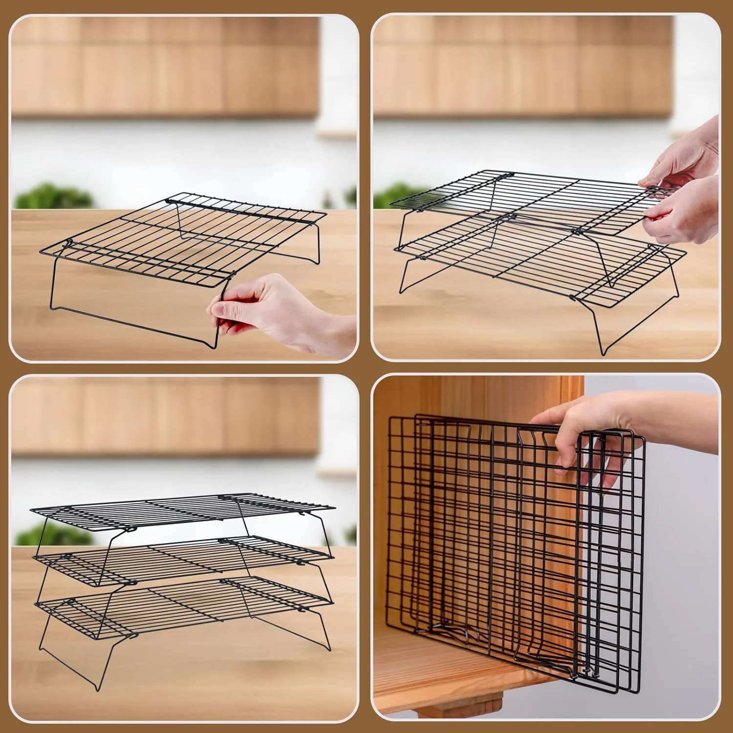 Cooling Rack for Baking 3 Tiers, 16" x 10" Cookie Cooling Wire Rack Stackable Collapsible Nonstick, Stainless Steel Baking Cooking Cooling Racks with Optimum Air Flow, Black