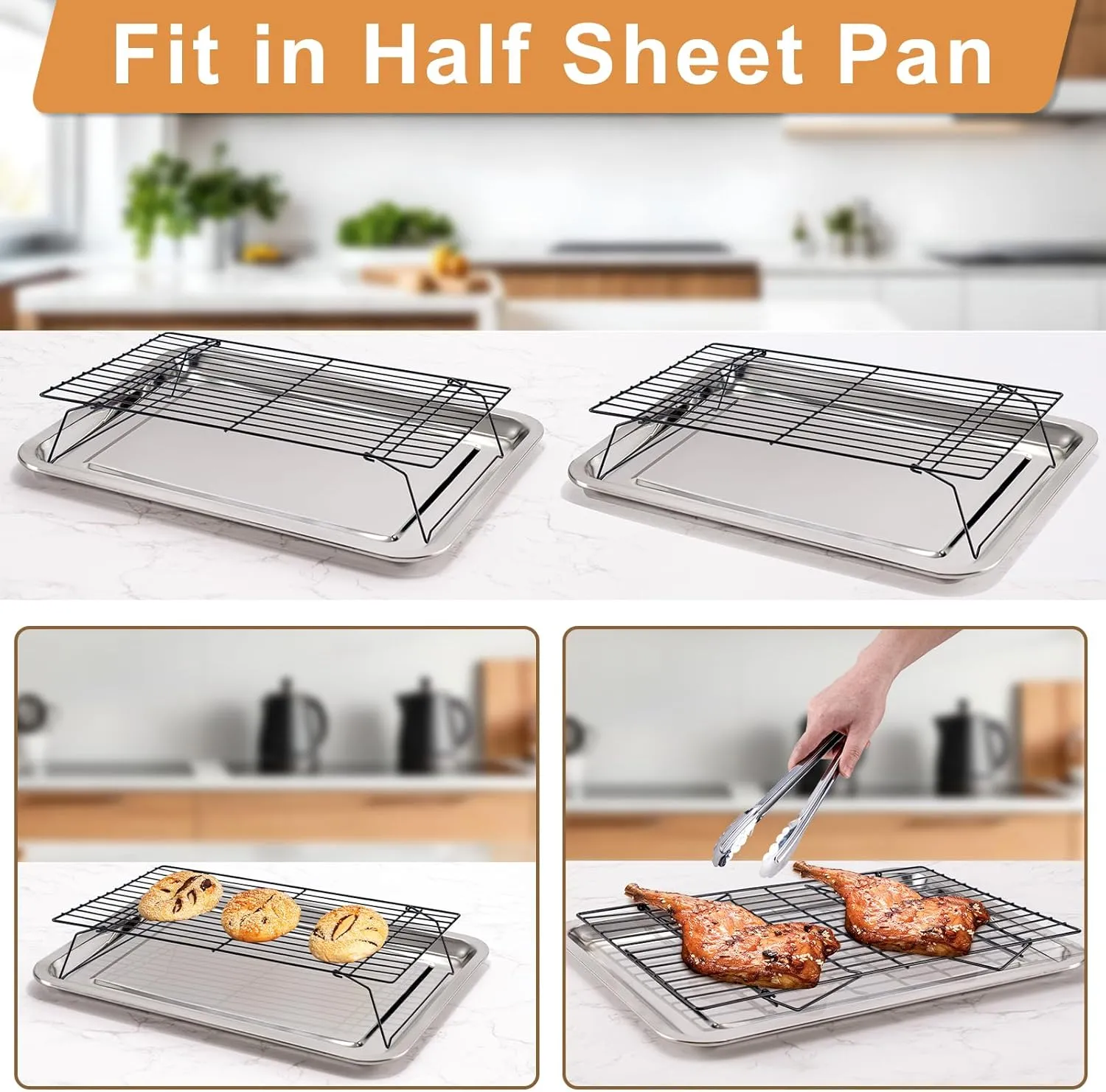 Cooling Rack for Baking 3 Tiers, 16" x 10" Cookie Cooling Wire Rack Stackable Collapsible Nonstick, Stainless Steel Baking Cooking Cooling Racks with Optimum Air Flow, Black