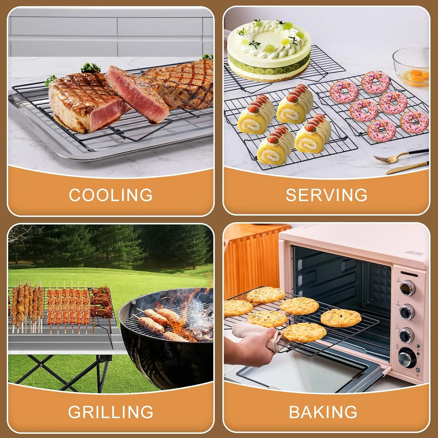 Cooling Rack for Baking 3 Tiers, 16" x 10" Cookie Cooling Wire Rack Stackable Collapsible Nonstick, Stainless Steel Baking Cooking Cooling Racks with Optimum Air Flow, Black