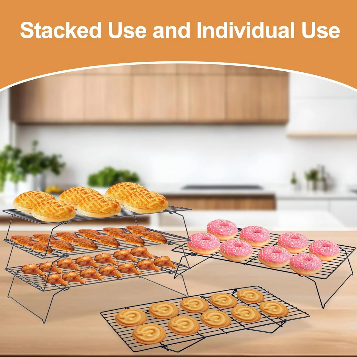 Cooling Rack for Baking 3 Tiers, 16" x 10" Cookie Cooling Wire Rack Stackable Collapsible Nonstick, Stainless Steel Baking Cooking Cooling Racks with Optimum Air Flow, Black
