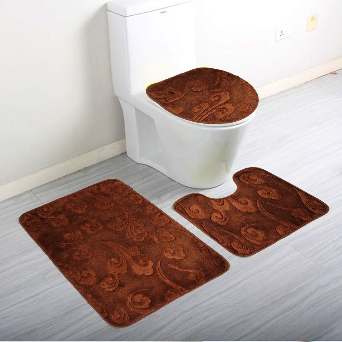 Coral Velvet 3Pcs Non-Slip Bathroom Pedestal Rugs   Toilet Seat Lid Cover Set Floor Carpet Shower Mat Room Comfy Washable