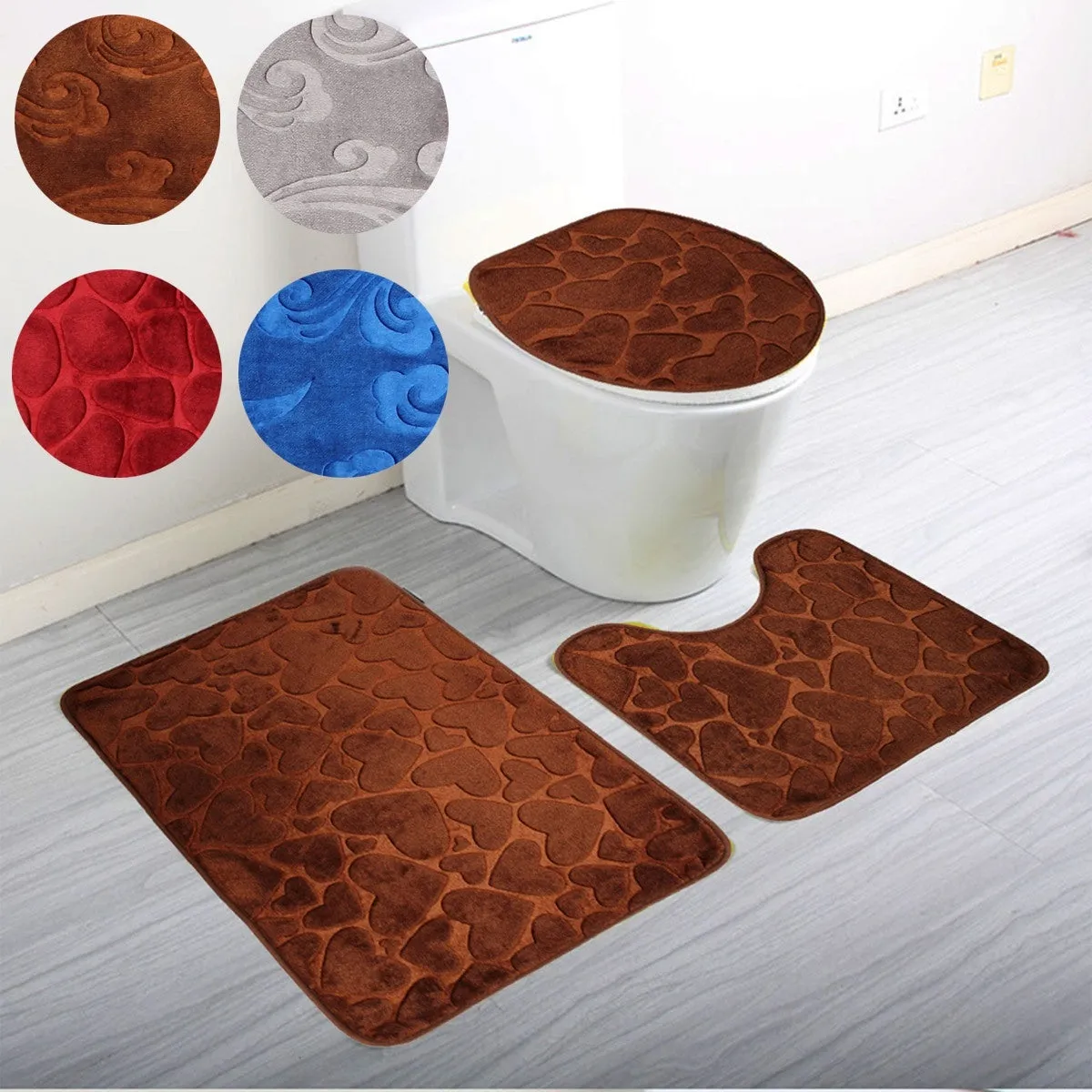 Coral Velvet 3Pcs Non-Slip Bathroom Pedestal Rugs   Toilet Seat Lid Cover Set Floor Carpet Shower Mat Room Comfy Washable