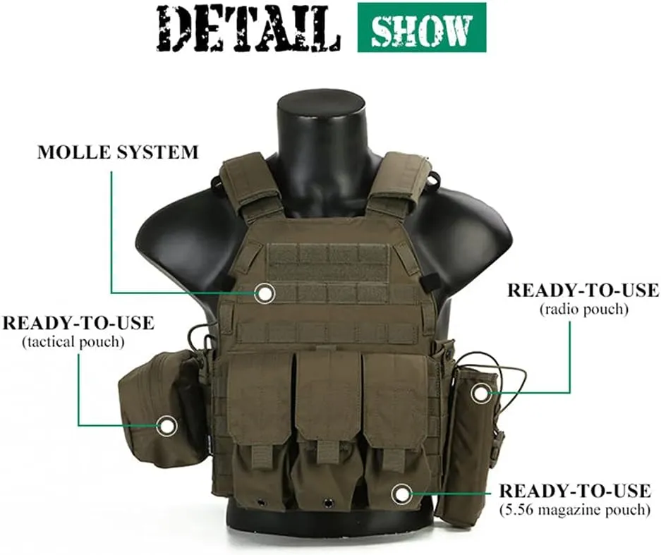emersongear LBT6094A Style PC,Airsoft Paintball Tac Vest with Radio Pouch,Triple Mag Pouch and Dump Pouch