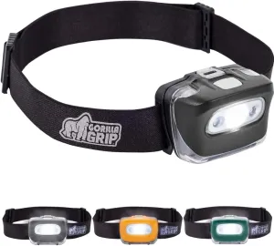 GORILLA GRIP Ultra Bright High Lumens LED Head Lamp, 7 Light Modes Water Resistant IPX4 Headlamp, Adjustable Headband, Battery Powered Outdoor Running, Camping Forehead Flashlight Lamps, 1 Pack Black