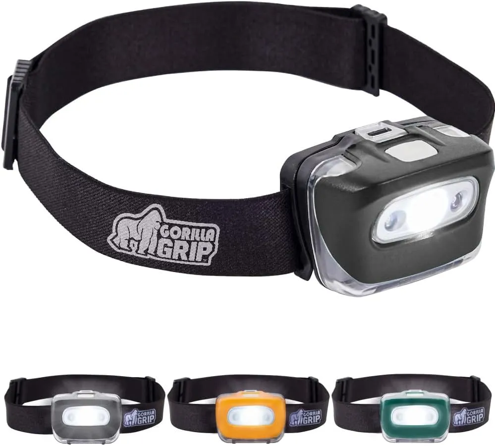 GORILLA GRIP Ultra Bright High Lumens LED Head Lamp, 7 Light Modes Water Resistant IPX4 Headlamp, Adjustable Headband, Battery Powered Outdoor Running, Camping Forehead Flashlight Lamps, 1 Pack Black