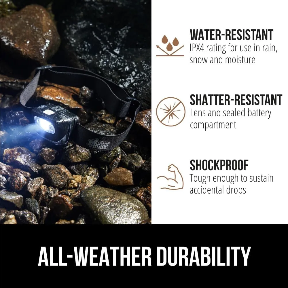 GORILLA GRIP Ultra Bright High Lumens LED Head Lamp, 7 Light Modes Water Resistant IPX4 Headlamp, Adjustable Headband, Battery Powered Outdoor Running, Camping Forehead Flashlight Lamps, 1 Pack Black