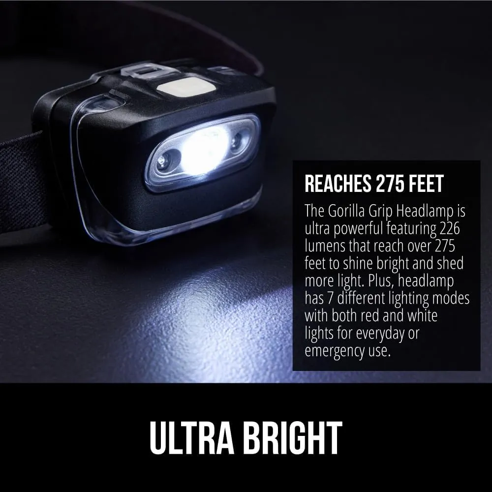 GORILLA GRIP Ultra Bright High Lumens LED Head Lamp, 7 Light Modes Water Resistant IPX4 Headlamp, Adjustable Headband, Battery Powered Outdoor Running, Camping Forehead Flashlight Lamps, 1 Pack Black