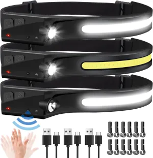 Headlamp Flashlight, 3Pack Rechargeable LED Headlamps 1200Lumens 2 COB 230Wide Beam Headlight with Motion Sensor Bright 5 Modes Lightweight Waterproof Head Lamp for Outdoor Running, Camping Hiking