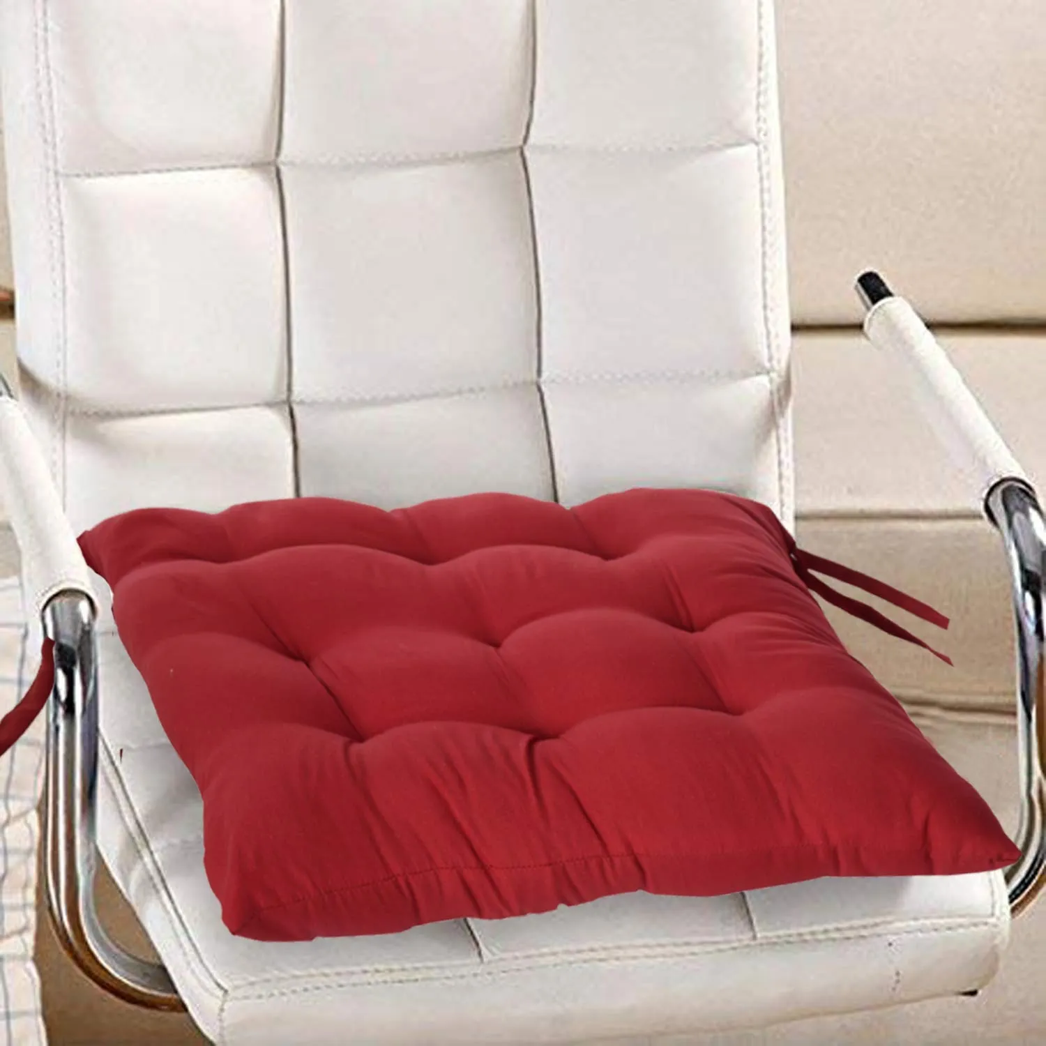 Heart Home Microfiber Square Chair Pad/Cushion for Office|Home or Car Sitting with Ties (Maroon)