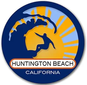 Huntington Beach Surfing Sticker (California Round Surfer On Wave Sticker, Riding The Wave Vinyl for Cars, Coolers, Boards, and Laptops (3 inch)