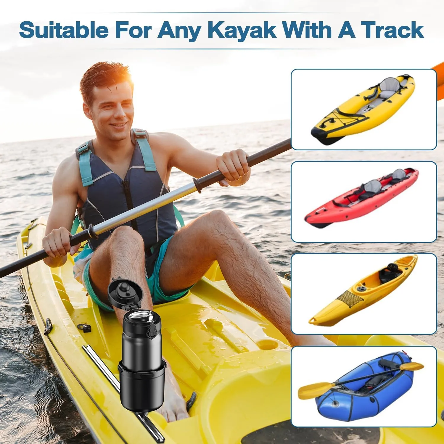 Kayak Cup Holder with Rubber Tab, Multifunctional Kayak Water Bottle Holder Drink Holder, Phone Holder, Fishing Tool, Kayak Track Mount Install, Kayak Accessories for Fishing