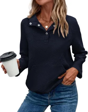 KIRUNDO Womens Sweatshirt Casual Textured Long Sleeve Henley Button V Neck Loose Pullover 2025 Trendy Fall Outfits Tops