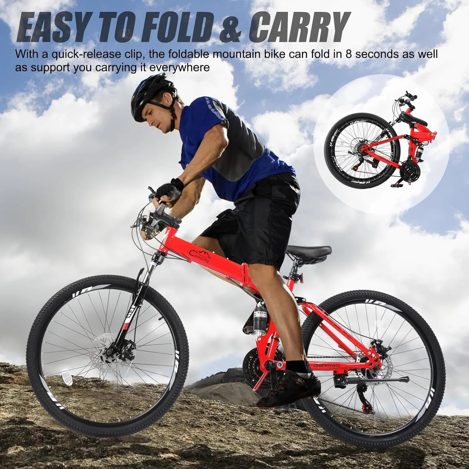 Ktaxon Folding Mountain Bike 21-Speed Adult Bikes 26 Inch Bike with High Carbon Steel Frame, Double-Kill Disc Brake System, Thickened Shock-Absorbing Front Fork