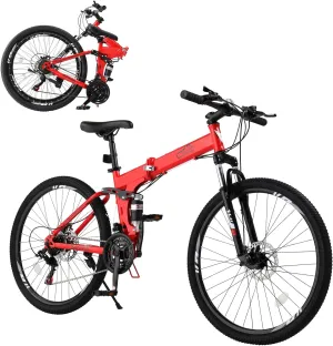 Ktaxon Folding Mountain Bike 21-Speed Adult Bikes 26 Inch Bike with High Carbon Steel Frame, Double-Kill Disc Brake System, Thickened Shock-Absorbing Front Fork