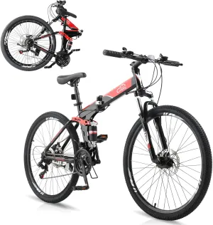 Ktaxon Folding Mountain Bike 21-Speed Adult Bikes 26 Inch Bike with High Carbon Steel Frame, Double-Kill Disc Brake System, Thickened Shock-Absorbing Front Fork