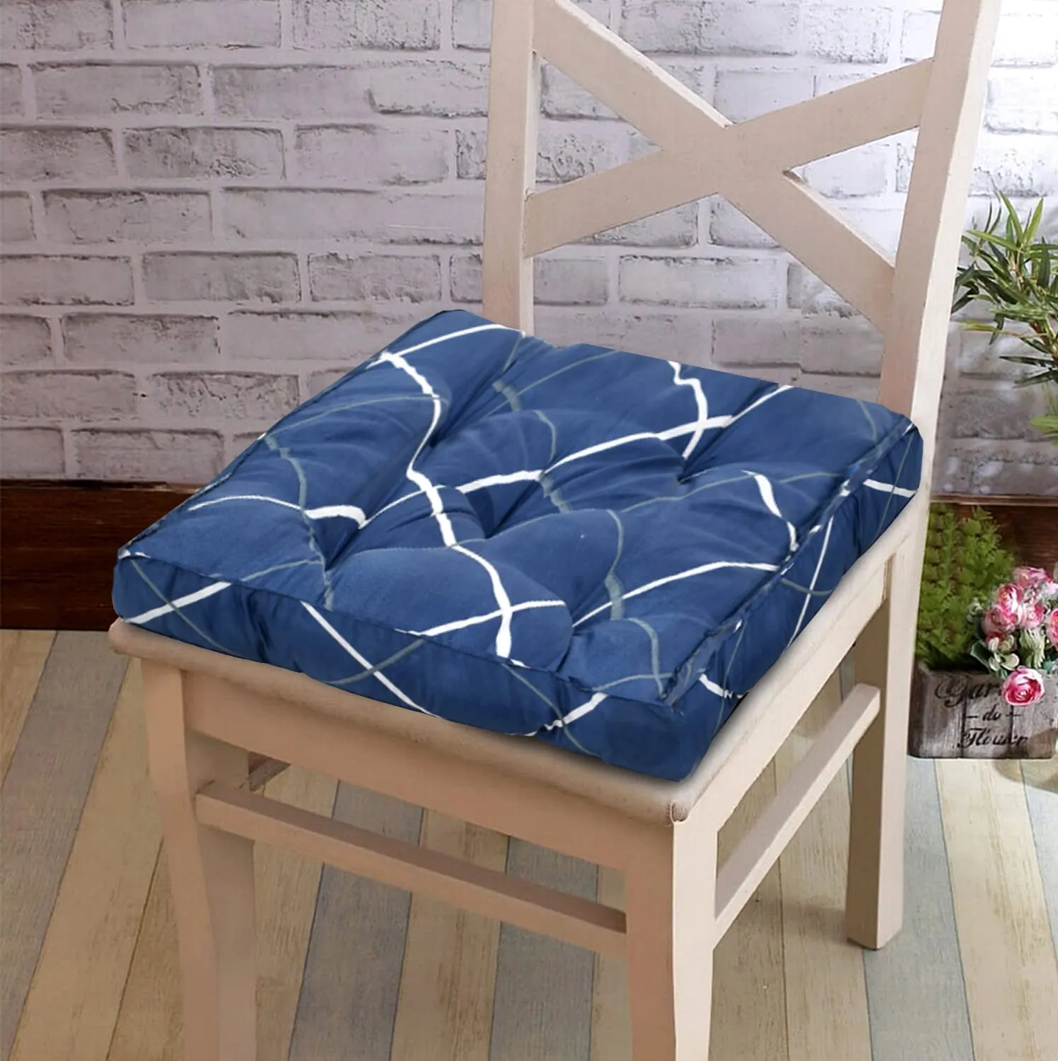 Kuber Industries Geomatric Printed Microfiber Square Chair Pad|Seat Cushion for Rocking Chair|Indoor/Outdoor, Pack of 4 (Blue)