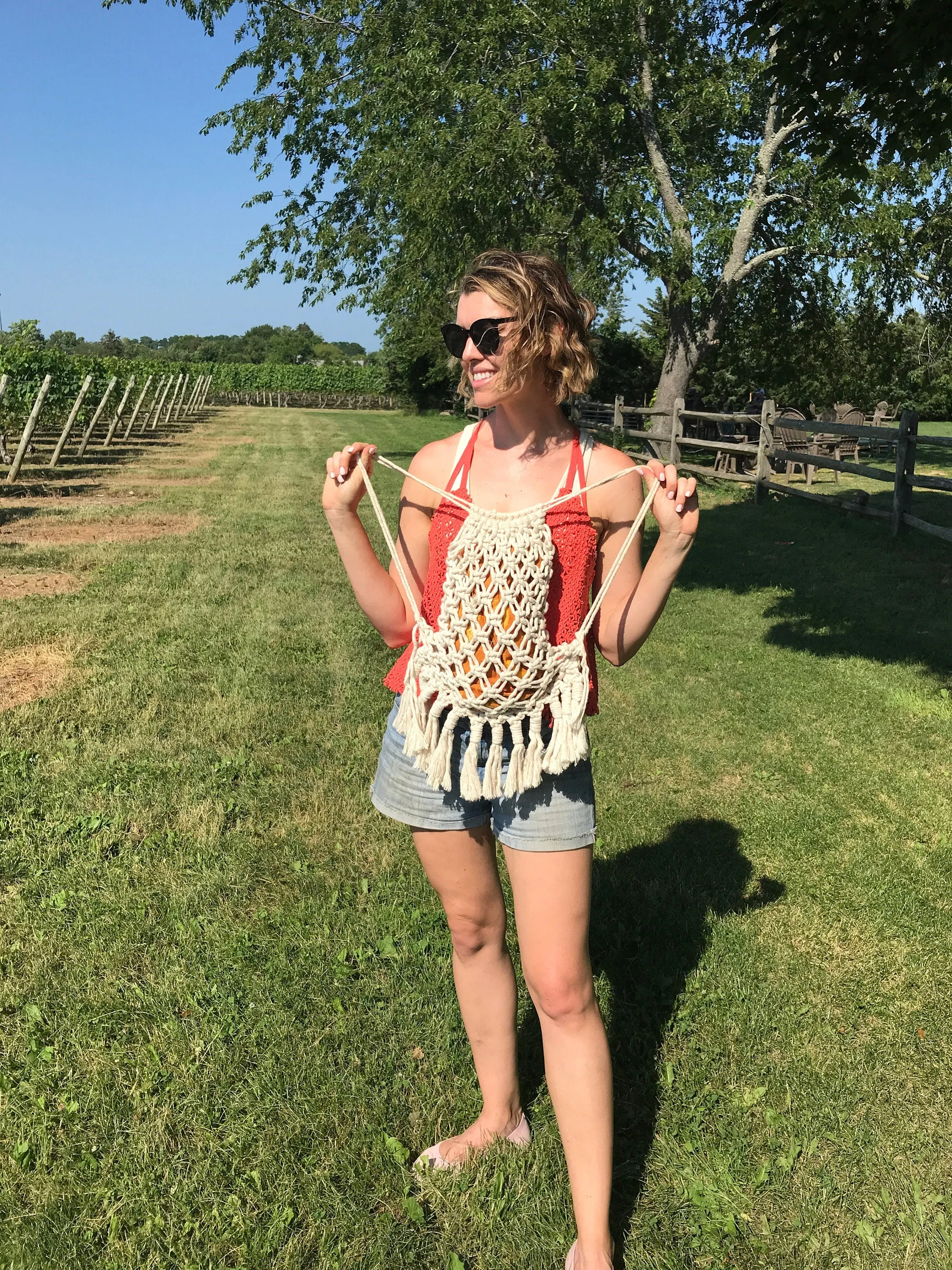 Macrame Boho Backpack/ Drawstring Cotton Backpack with Washable Cotton Lining
