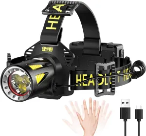 MAXME100 Triple-Beam High Power Rechargeable Headlamp, Head Light, Head Lamp, Headlights for Head, Motion Sensor USB Bright Headlamp for Indoor Outdoor
