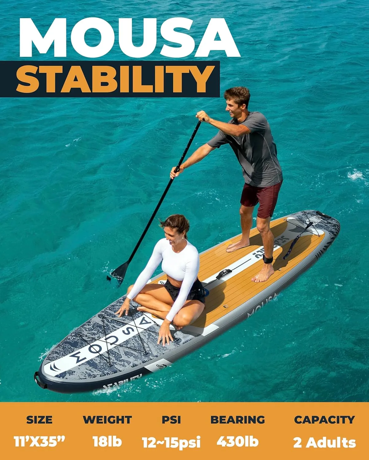 MOUSA 11'35" Extra Wide Inflatable Stand Up Paddle Board, Stable Paddleboard SUP for 2 People/Family, Anti-Slip Full EVA Deck, 3 Handles, 100L Backpack, All-Round Sup Board, Big Fin