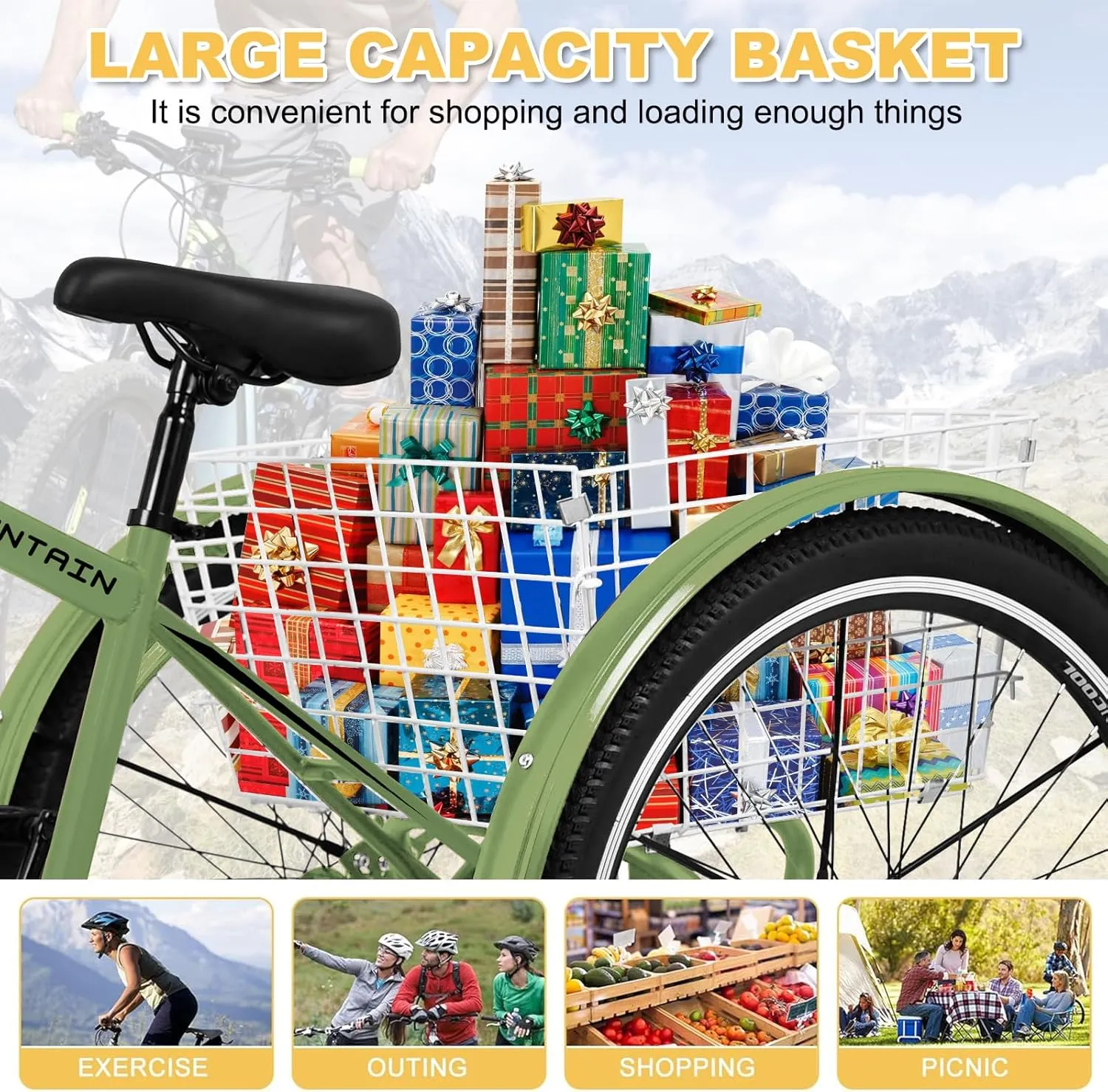 NAIZEA Adult Mountain Tricycle, 7 Speed Three Wheel Cruiser Bike, 27.5 Inch Adults Trikes with Shopping Basket, Exercise Men's Women's Tricycles, Multiple Colors