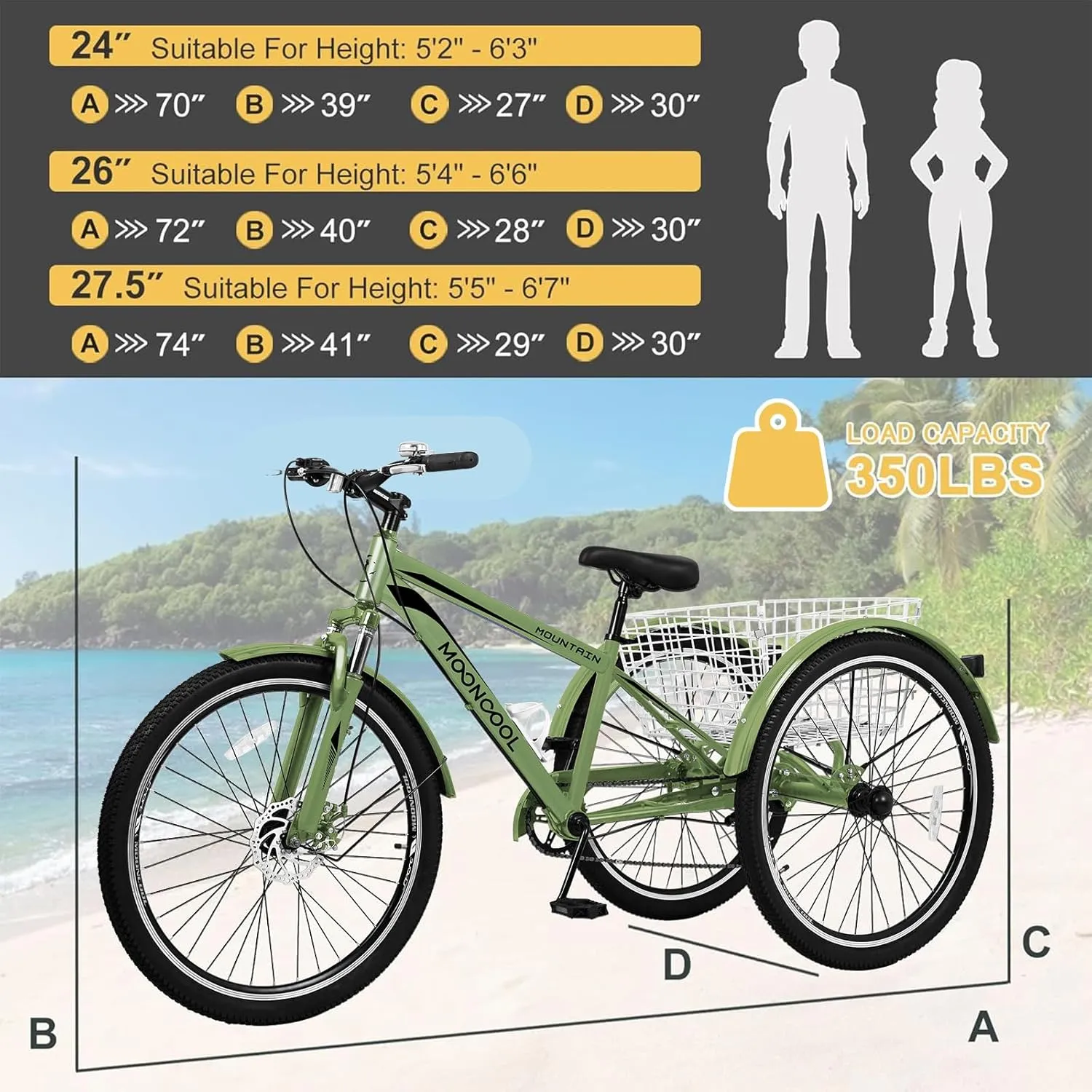 NAIZEA Adult Mountain Tricycle, 7 Speed Three Wheel Cruiser Bike, 27.5 Inch Adults Trikes with Shopping Basket, Exercise Men's Women's Tricycles, Multiple Colors
