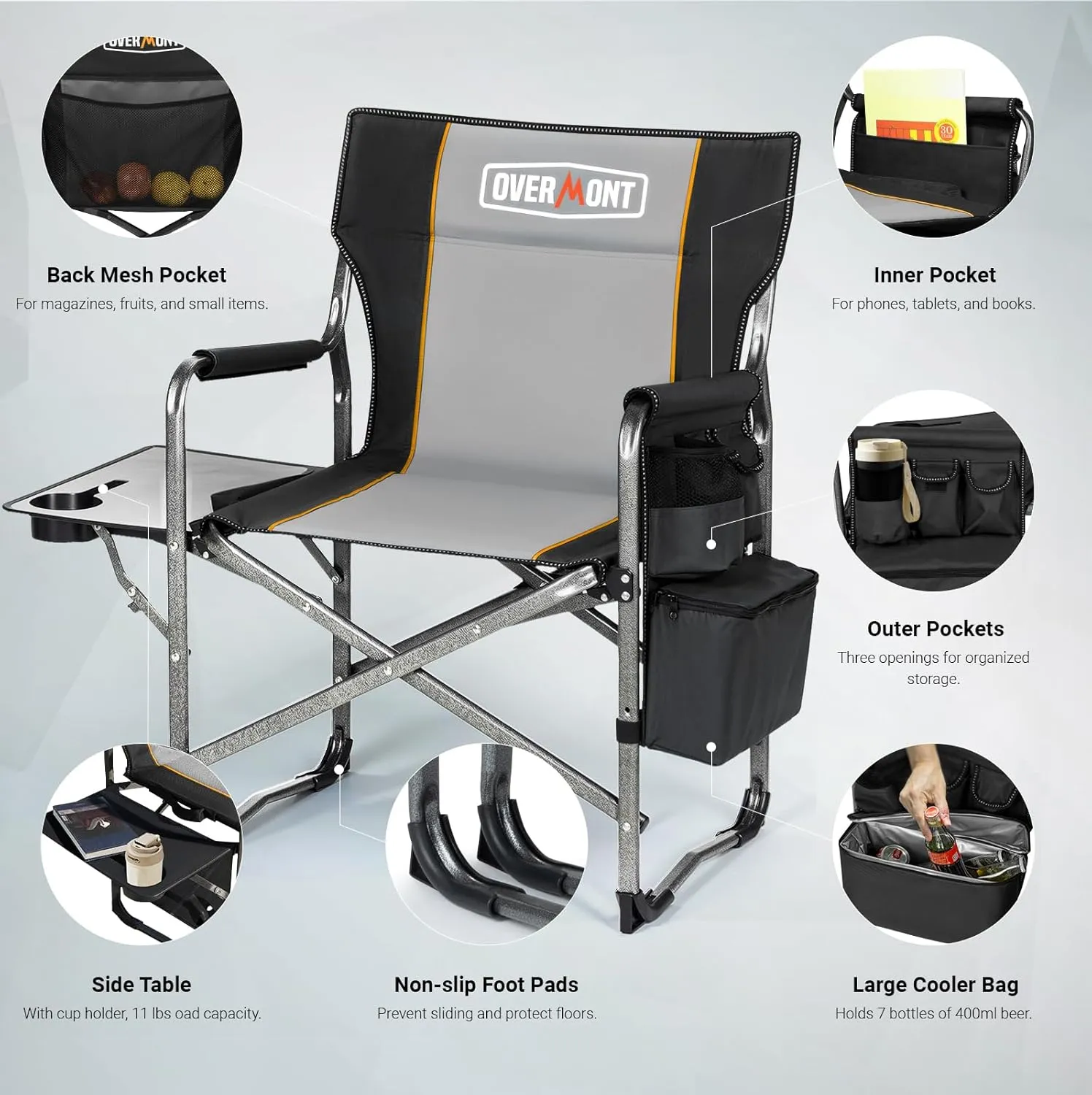Overmont Oversized Lightweight Camping Chair - Comfortable Heavy Duty Foldable Directors Chairs with Side Table & Cooler Bag for Outside Camp Beach Picnic Lawn and Fishing Supports 400lbs